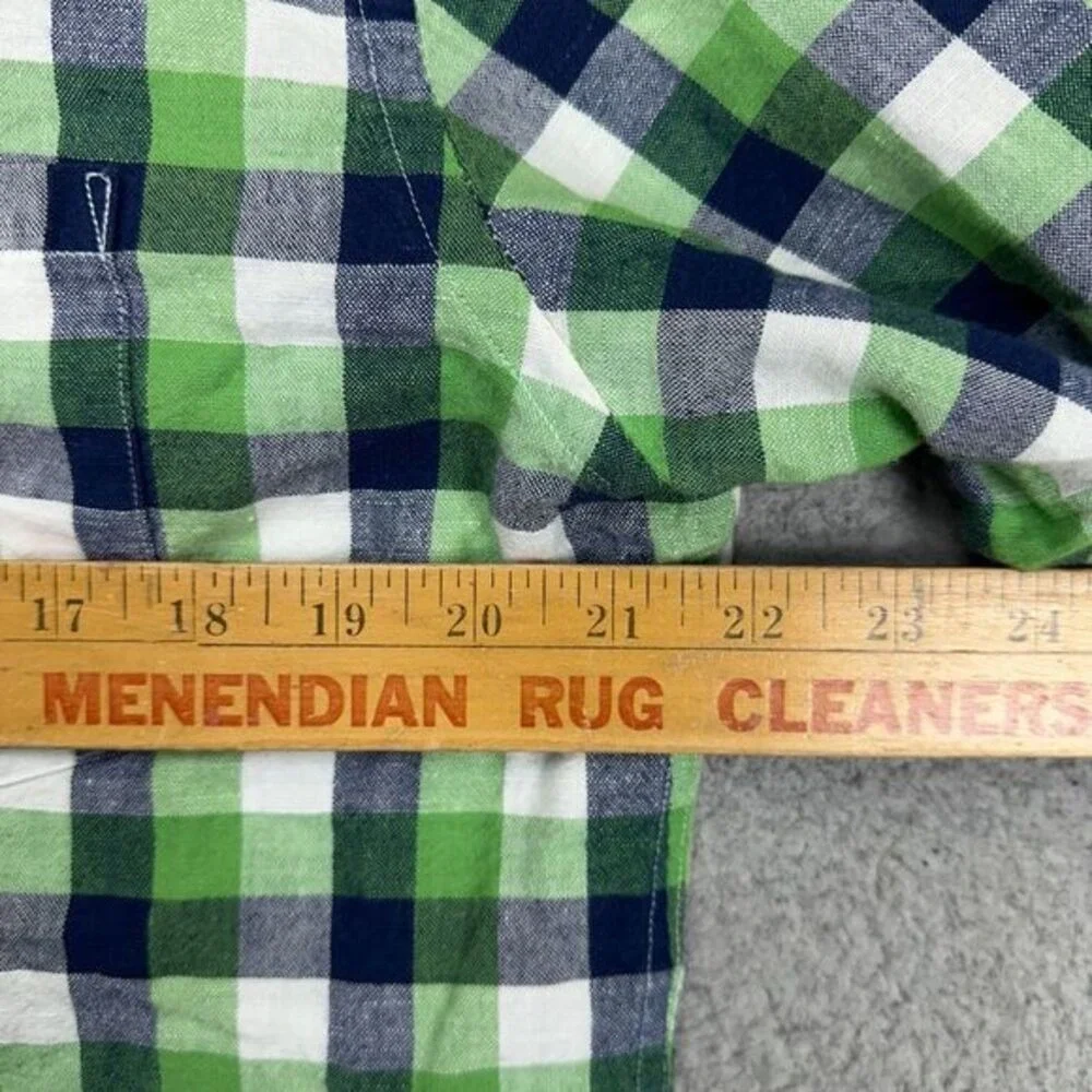 Banana Republic Linen Blend Button Up Shirt Adult Medium Green Navy Plaid Mens